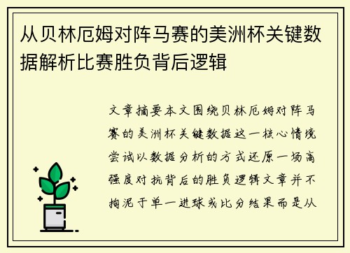 从贝林厄姆对阵马赛的美洲杯关键数据解析比赛胜负背后逻辑